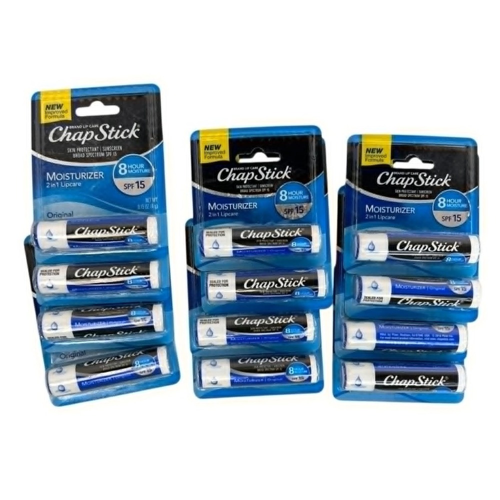 ChapStick 12 Pack Blue Moisturizer 2-in-1 Lipcare Original SPF 15 Sunscreen Bulk